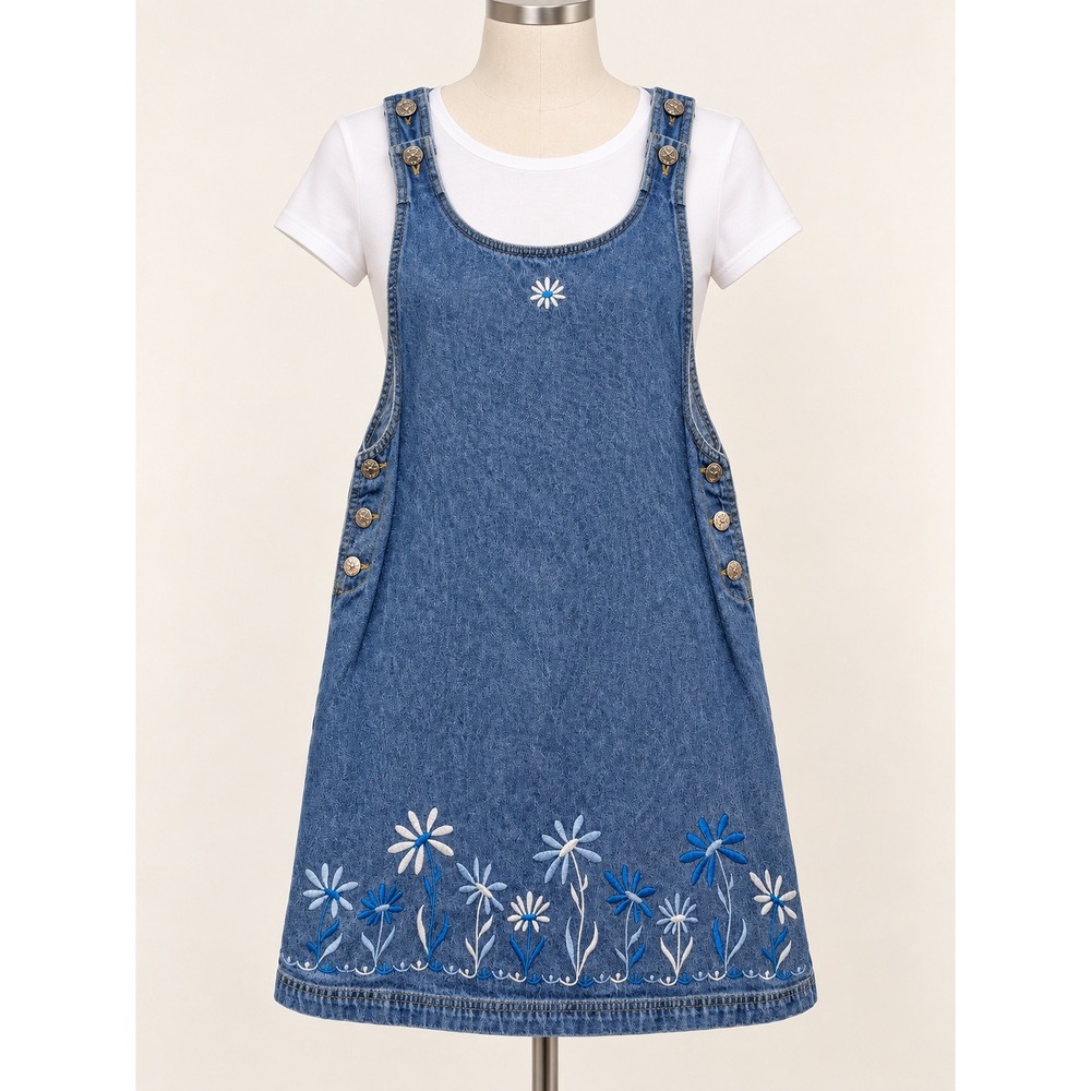 True Blue Vintage Denim Embroidered Daisy Jumper Dress Medium Wash Cotton M